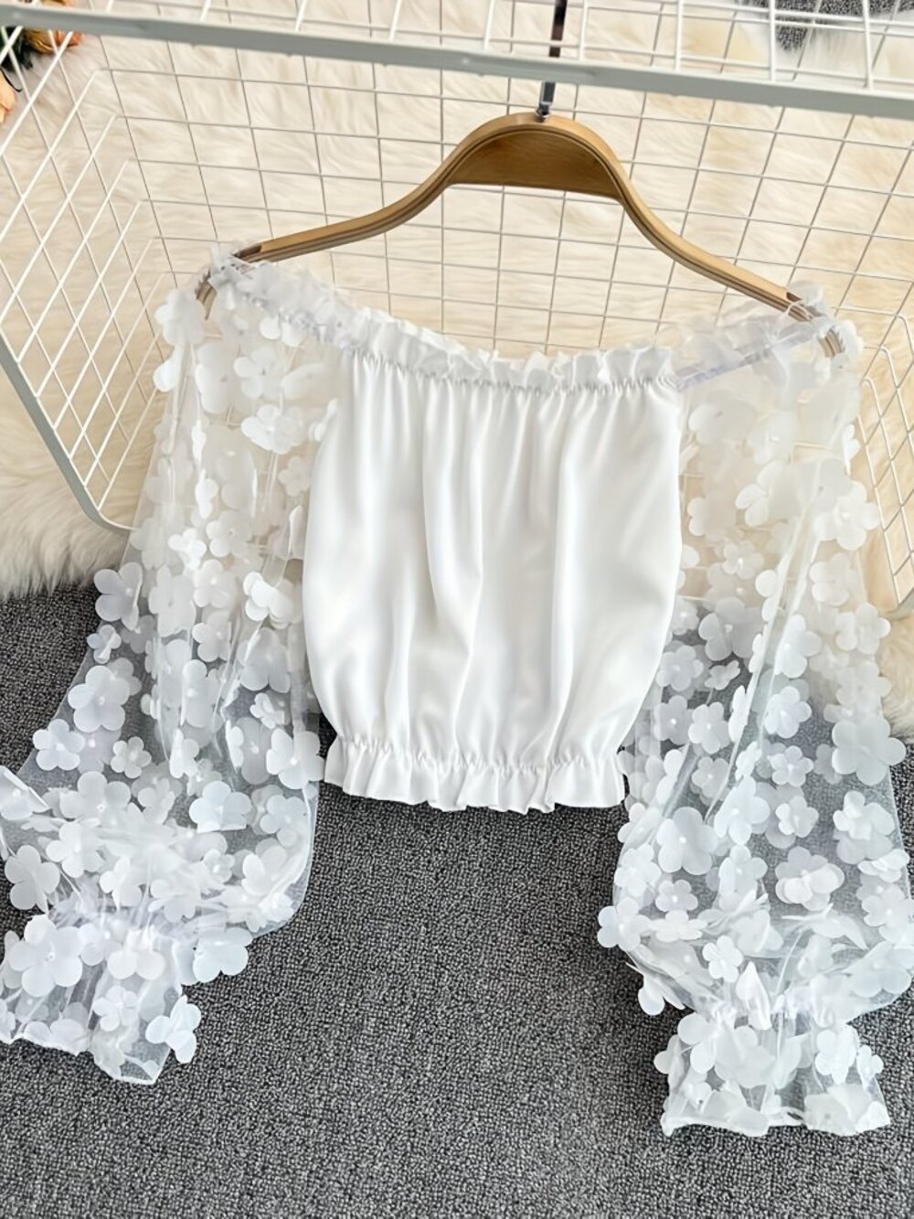 White Floral Chiffon Long Sleeve Top (Size M)